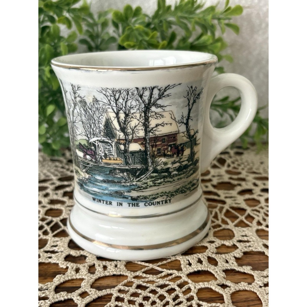 Vintage Mustache Cup Winter in the Country Farm Scene Gold Trim Mug
